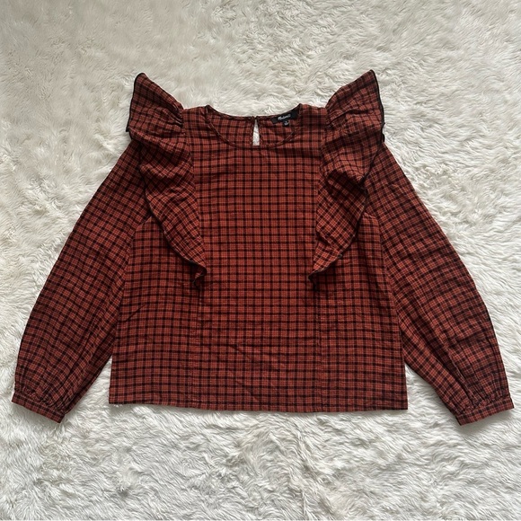 Madewell Blouse Ruffle-Front Top in Plaid Warren Check Faded Rust S - Picture 4 of 13